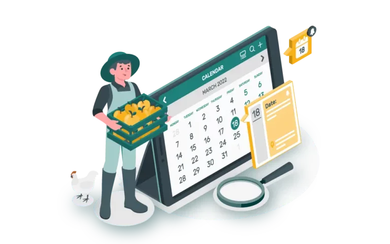 Illustration of a farmer holding a harvest crate in front of a calendar