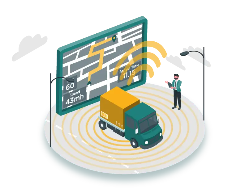 Illustration of a delivery truck tracked in real time on a digital map using smart logistics data and weather API insights.
