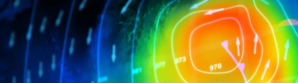 Heatmap visualization showing severe weather intensity zones and isobar lines for alert monitoring