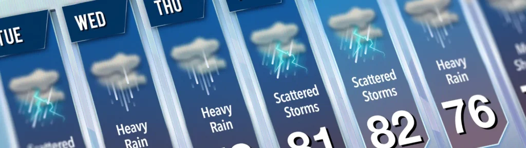 User interface weather cards displaying forecasts with icons for heavy rain, scattered storms, and temperatures