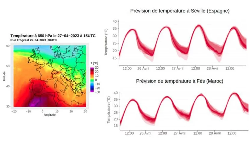 Heatmap of Spain and temperature graphs showing an intense early heat wave with temperatures reaching 40°C.