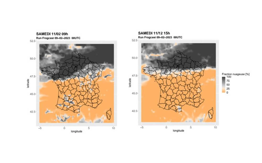 FROGCAST cloud fraction forecast map showing a distinct split with heavy low clouds over Northern France and clear skies in the South.