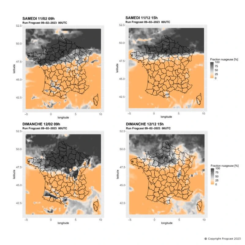 Four sequential weather maps of France showing cloud fraction percentage over a weekend. The visualization highlights a persistent north-south split, with heavy cloud cover (black) in the north and clear skies (orange) in the south.