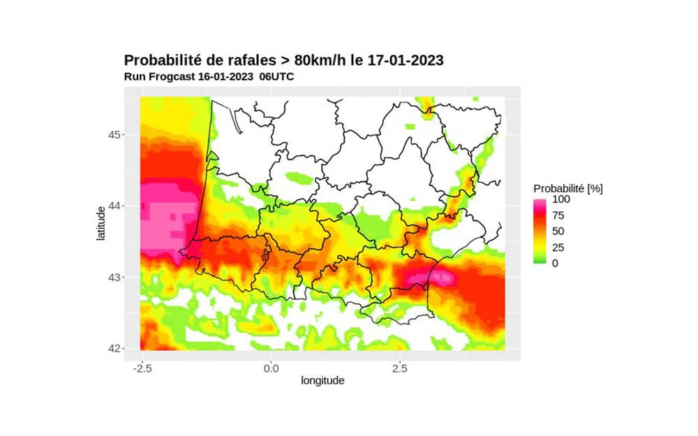 Map highlighting high risk of wind gusts over 80km/h on the Atlantic coast due to the low-pressure system Fien.