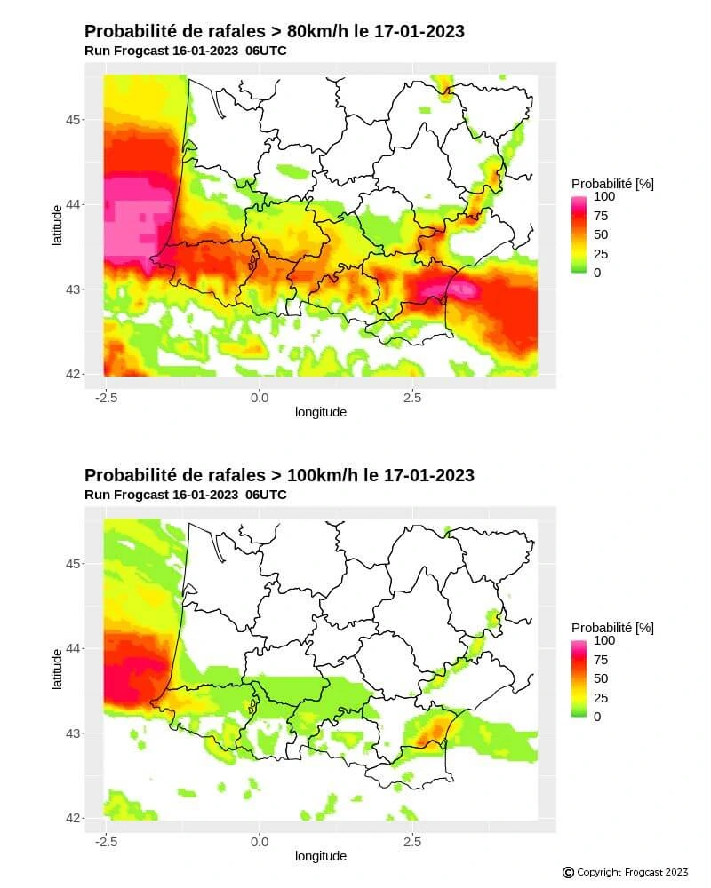 Two weather maps side-by-side displaying the probability of wind gusts exceeding 80km/h versus 100km/h in Southwest France during Storm Fien (Jan 2023).
