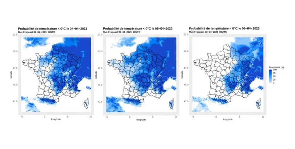 Series of three weather maps showing probability of freezing temperatures across France for three consecutive nights, highlighting frost risk zones.