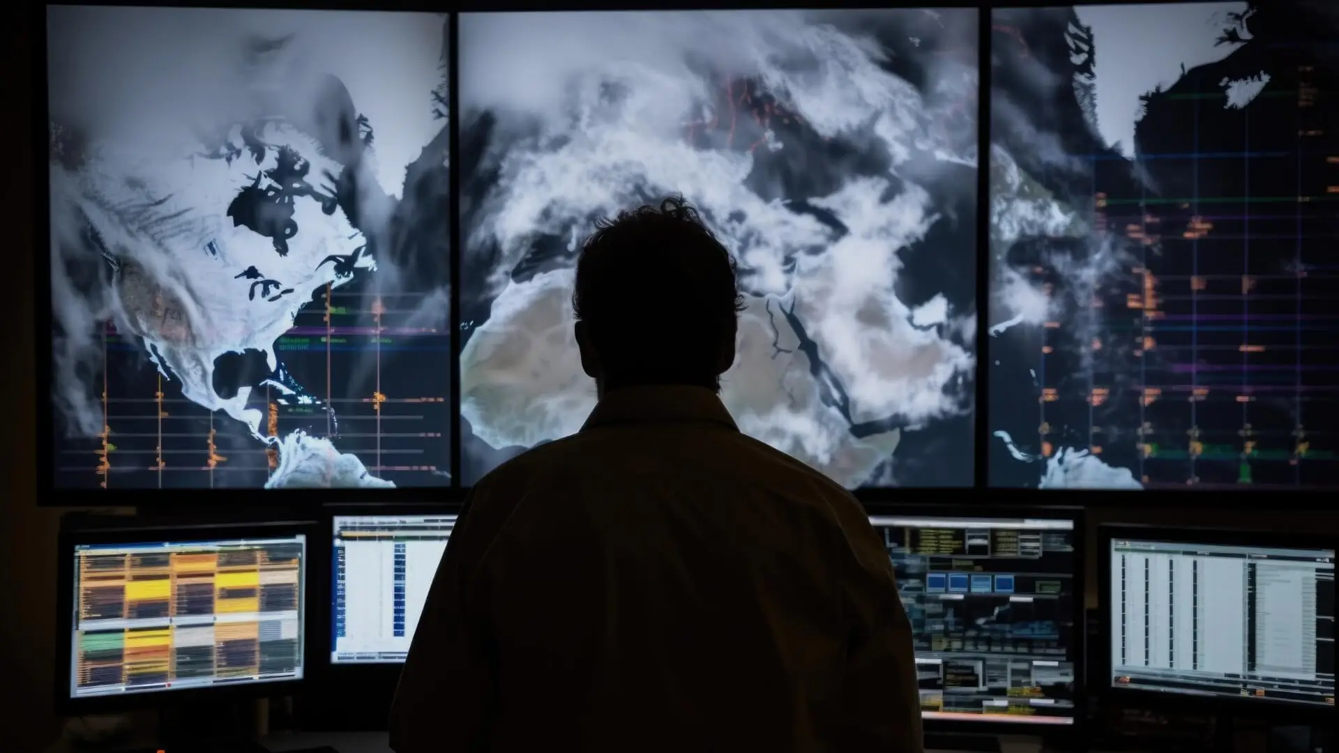 Analyst viewing multiple digital screens displaying complex data, illustrating the comparative analysis of weather models.