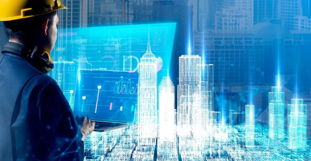 Engineer overlooking a digital twin of a smart city, using a laptop with holographic data interfaces to monitor building performance and energy consumption.