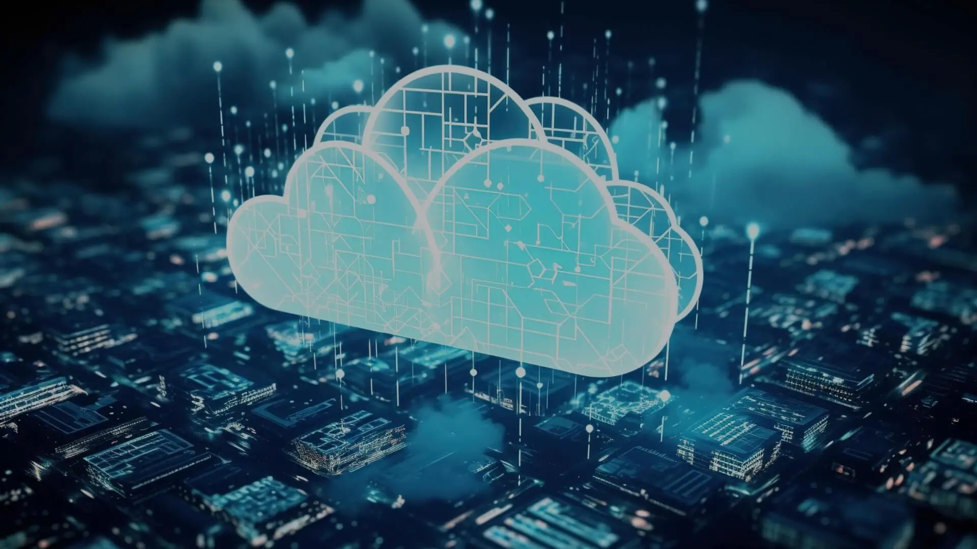 Abstract digital cityscape with blue network connections and cloud visualization.