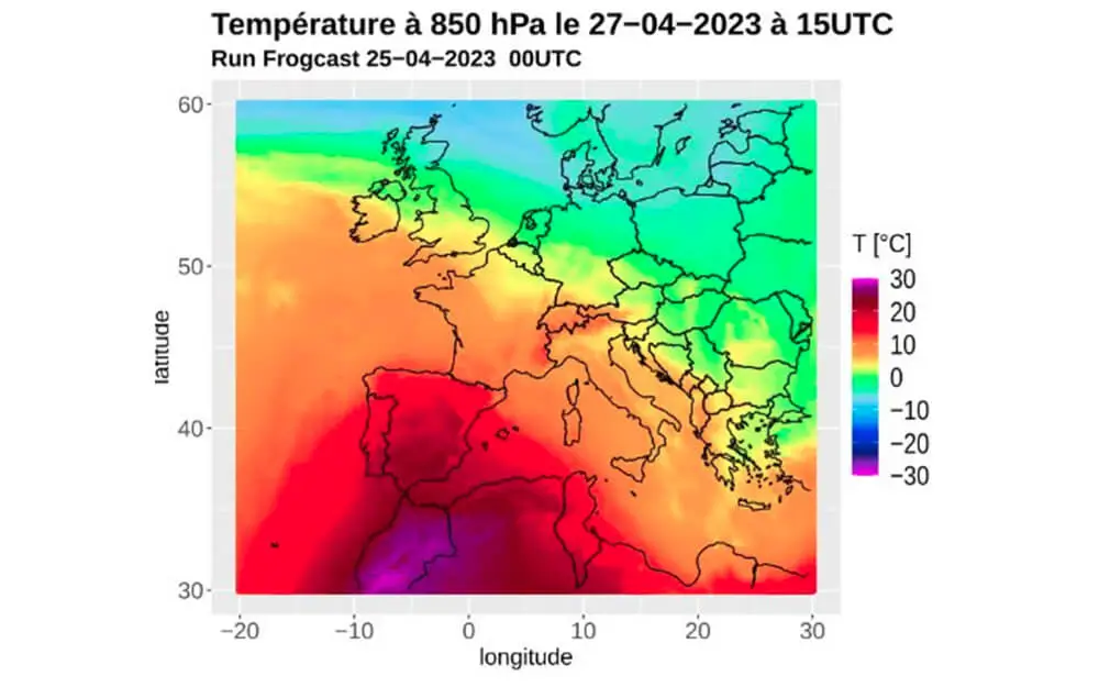Heatmap visualization of a weather model output showing temperature distribution at 850 hPa across Europe and North Africa.