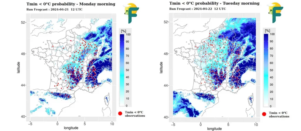 Side-by-side maps of France showing FROGCAST's probabilistic frost risk forecasts (blue shading) overlaid with actual freezing temperature observations (red dots) for the mornings of April 22nd and 23rd, 2024.