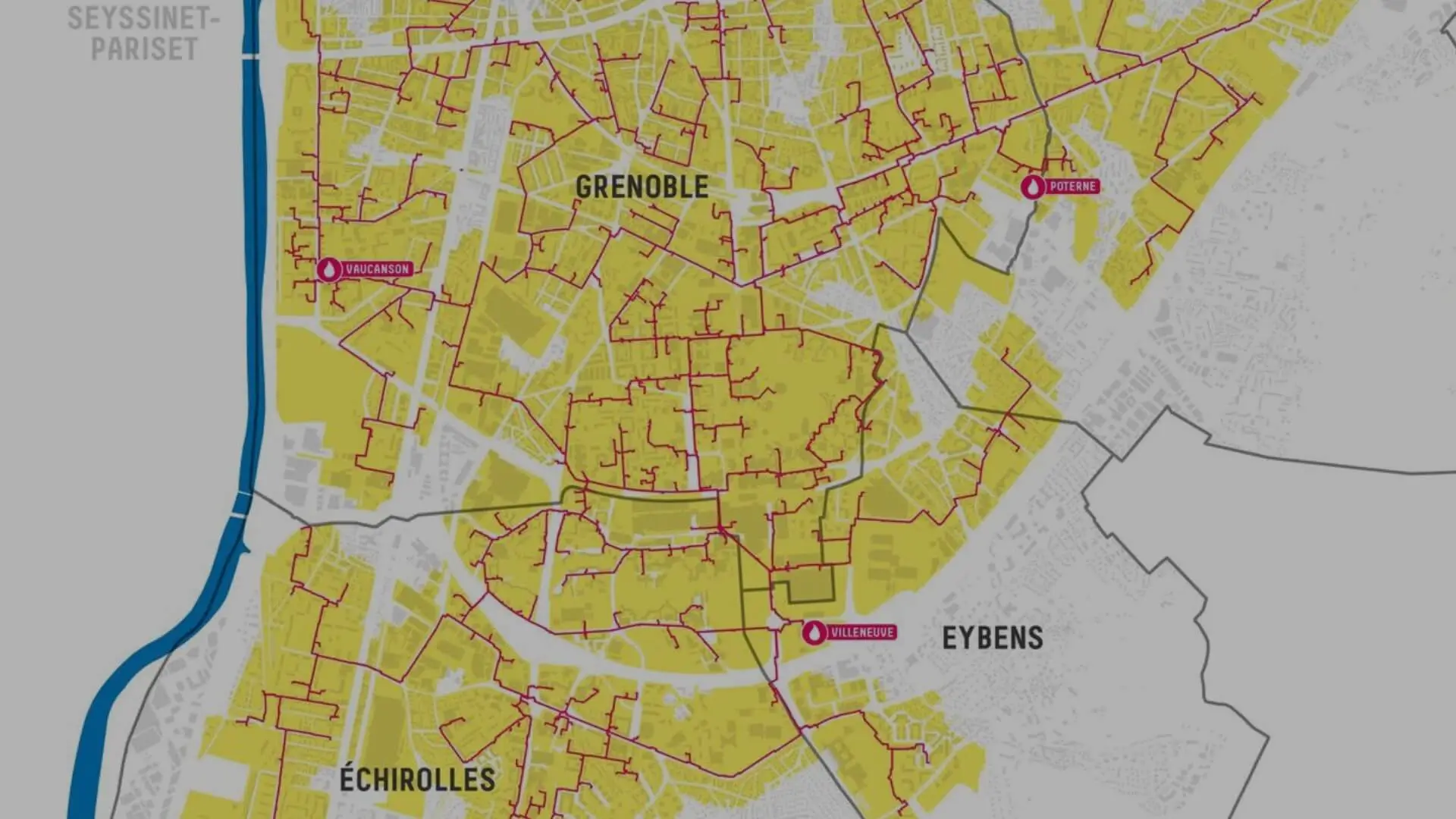Map of the Grenoble region with heat network zones highlighted, illustrating the CCIAG district heating project.