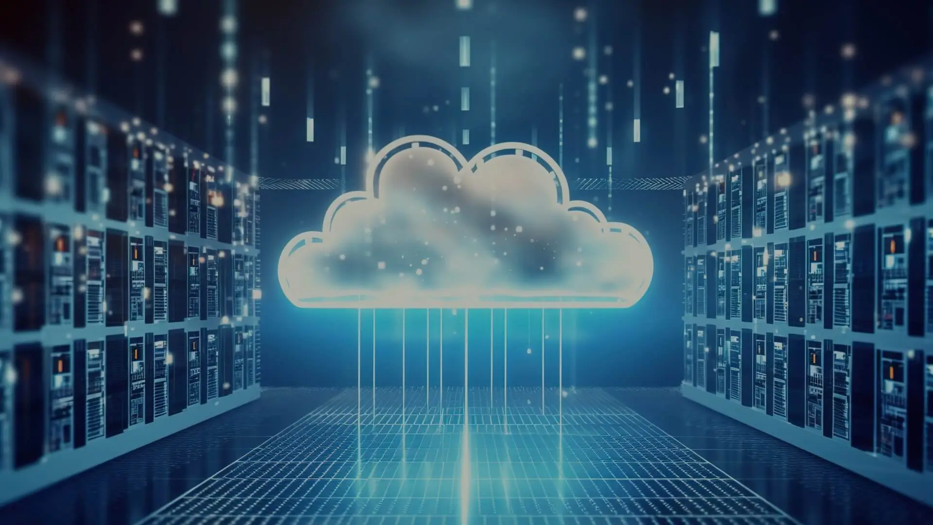 Data center server racks overlaid with a digital cloud icon, representing cloud-based API infrastructure.