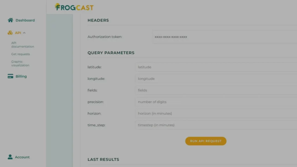 Screenshot of the FROGCAST API dashboard interface showing query parameters and authorization headers.