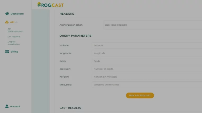 Screenshot of the FROGCAST API dashboard interface showing query parameters and authorization headers.