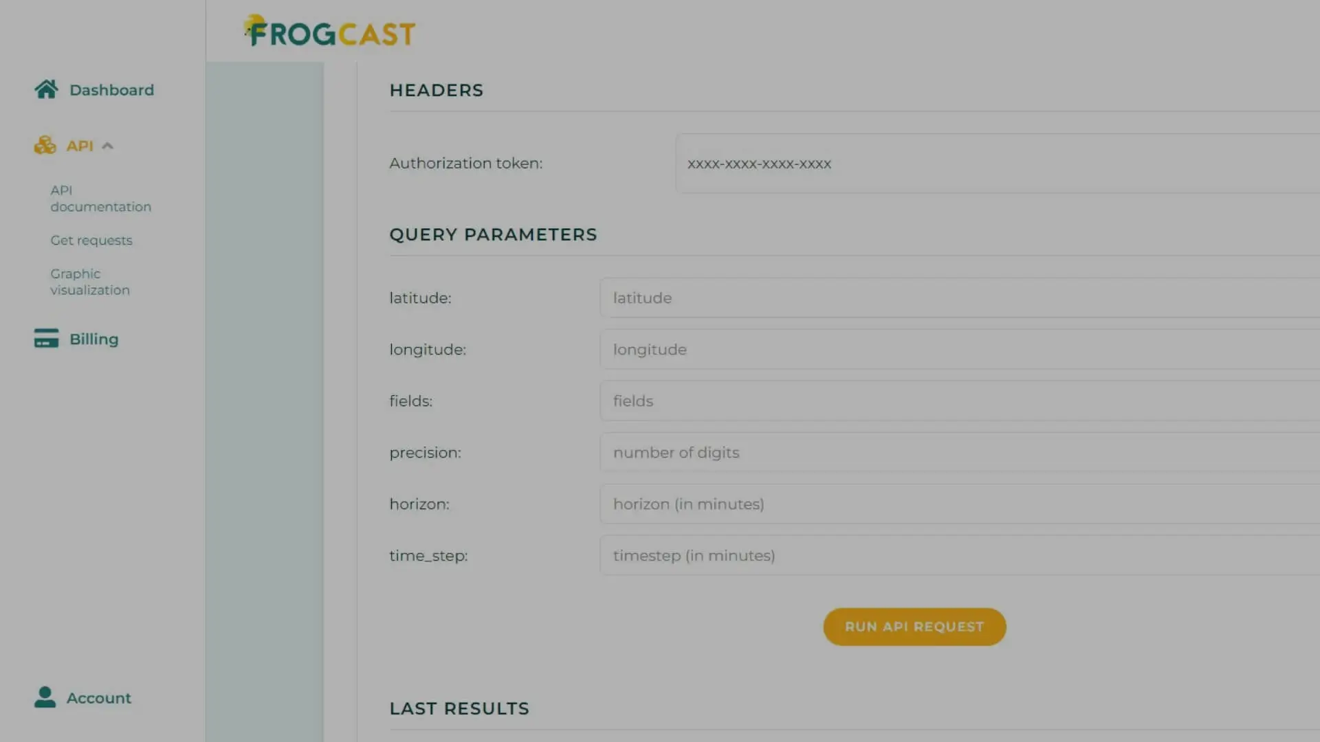 Screenshot of the FROGCAST API dashboard interface showing query parameters and authorization headers.