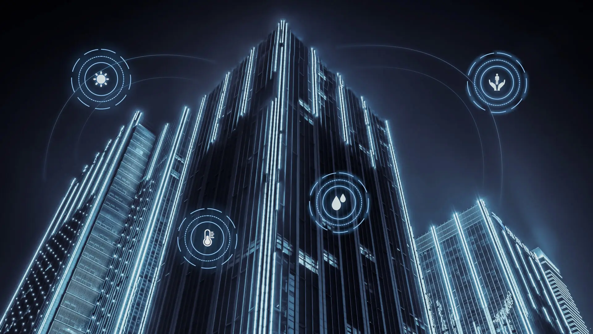 Low-angle view of modern skyscrapers with digital overlays representing smart building energy management systems.