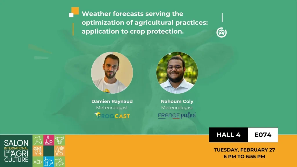 Promotional banner for FROGCAST's presence at the International Agricultural Fair, featuring photos of meteorologists Damien Raynaud and Nahum Coly.