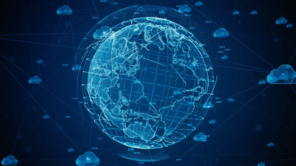 Blue digital globe with network node connections, symbolizing secure global data transfer.
