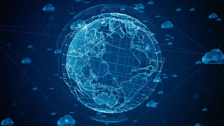Blue digital globe with network node connections, symbolizing secure global data transfer.