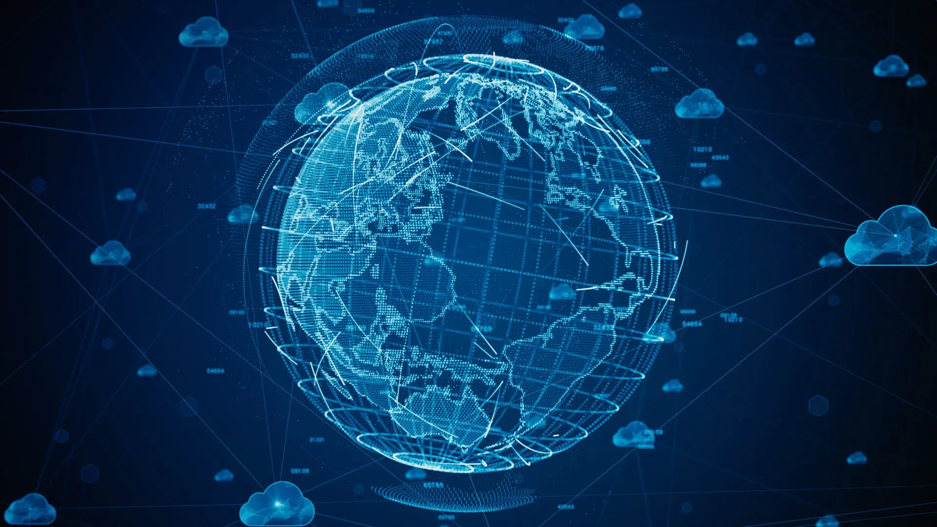Blue digital globe with network node connections, symbolizing secure global data transfer.
