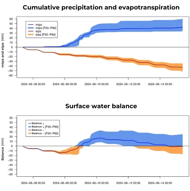 Two technical charts displaying FROGCAST's probabilistic forecasts: the top graph compares cumulative precipitation (blue) versus evapotranspiration (orange) with P20-P80 confidence intervals, while the bottom graph shows the resulting net surface water balance.