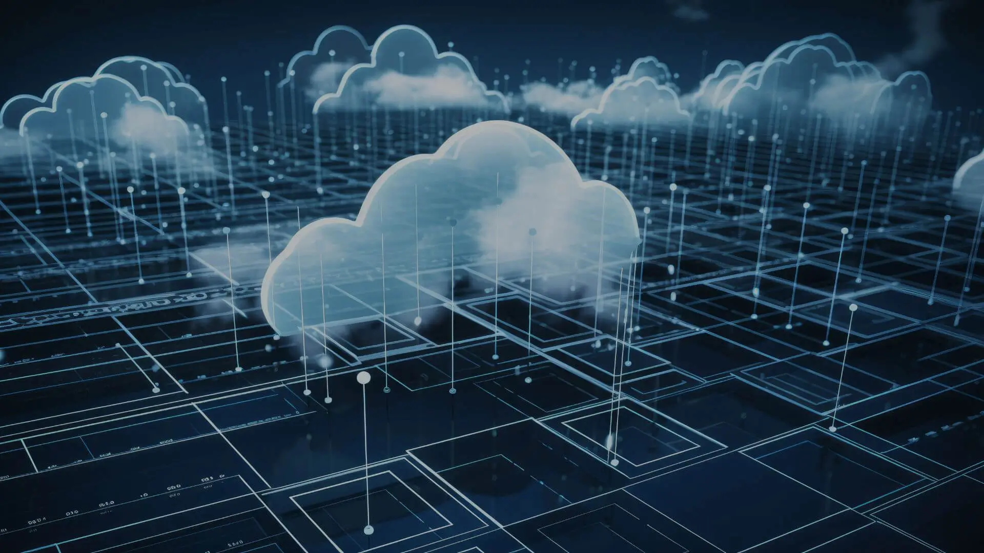 Digital illustration of a cloud network with data nodes, representing weather API architecture for developers.