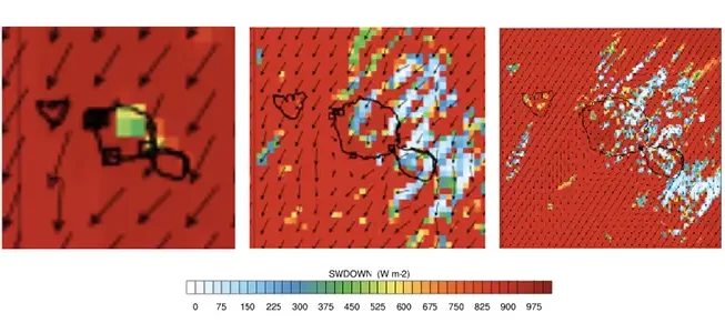 Side-by-side comparison of solar radiation heatmaps at three different spatial resolutions (9km, 3km, and 1km), showing significantly higher detail in the 1km WRF model.