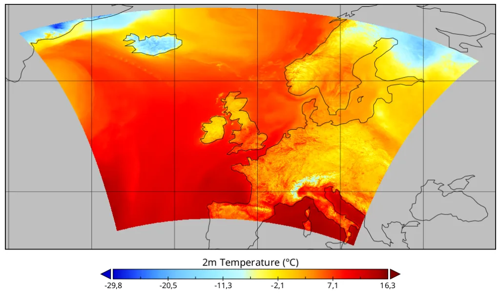 Geographical coverage map of the HARMONIE-NEA high-resolution weather model showing its forecast region.