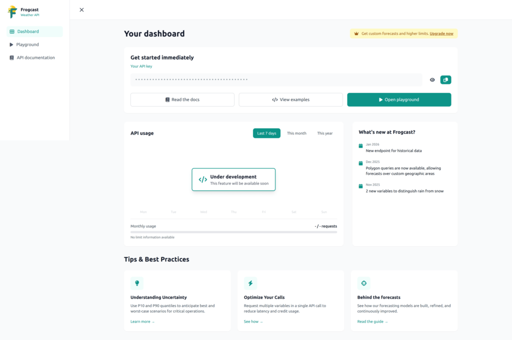 The FROGCAST dashboard interface showing the user's API key, API usage tracking, a changelog of new features.