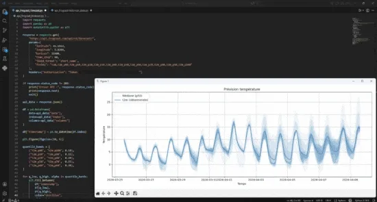 Animated GIF of a code editor demonstrating a Python script fetching Frogcast API weather data