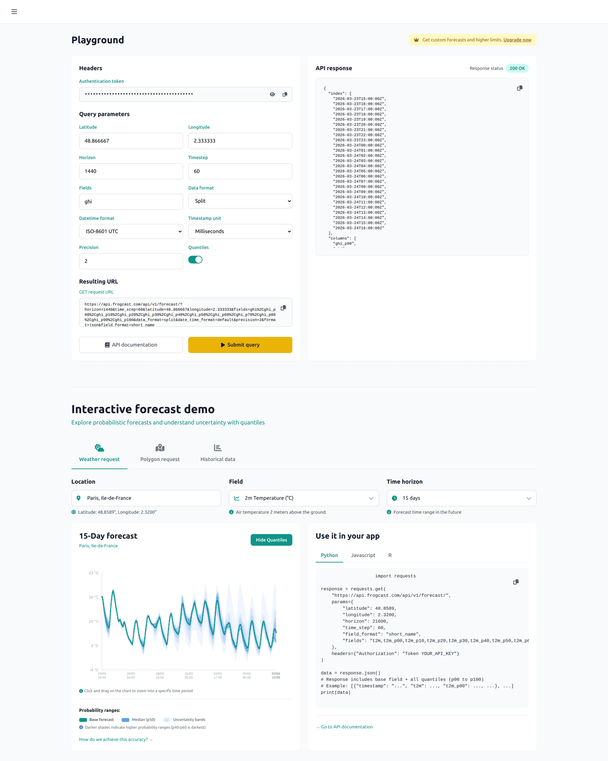 Screenshot of the FROGCAST weather API Playground interface.