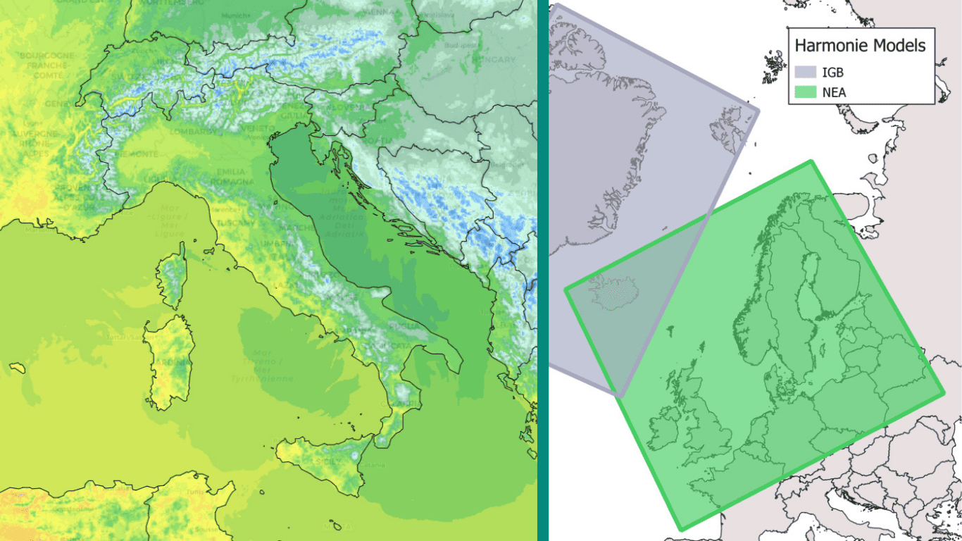 Composite Map of ICON-2I and HARMONIE Domains, illustrating FROGCAST's new European model coverage.